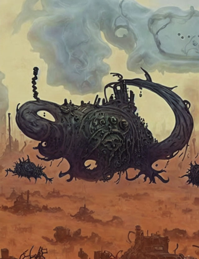 Surreal dystopian landscape with monstrous creature and dark tones