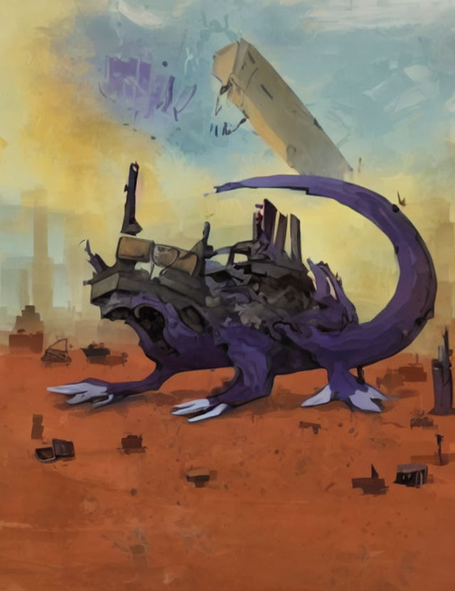 Purple lizard-like creature in urban debris on desolate landscape