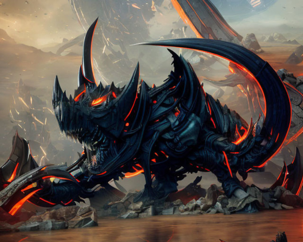 Armored dragon in futuristic landscape with red accents