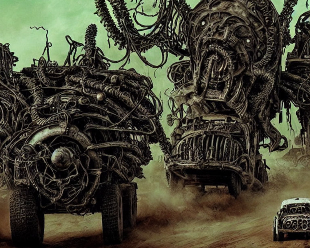 Dystopian artwork: small car fleeing massive mechanical structures