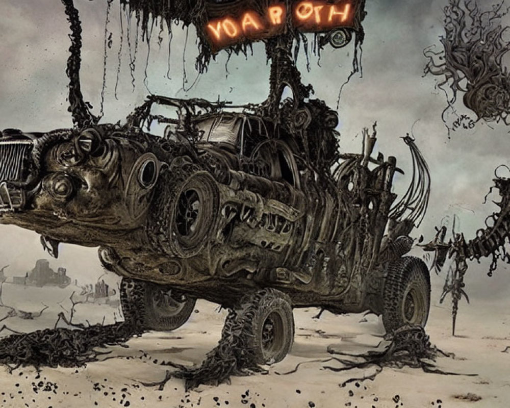 Decrepit, skull-like vehicle hovers over post-apocalyptic landscape