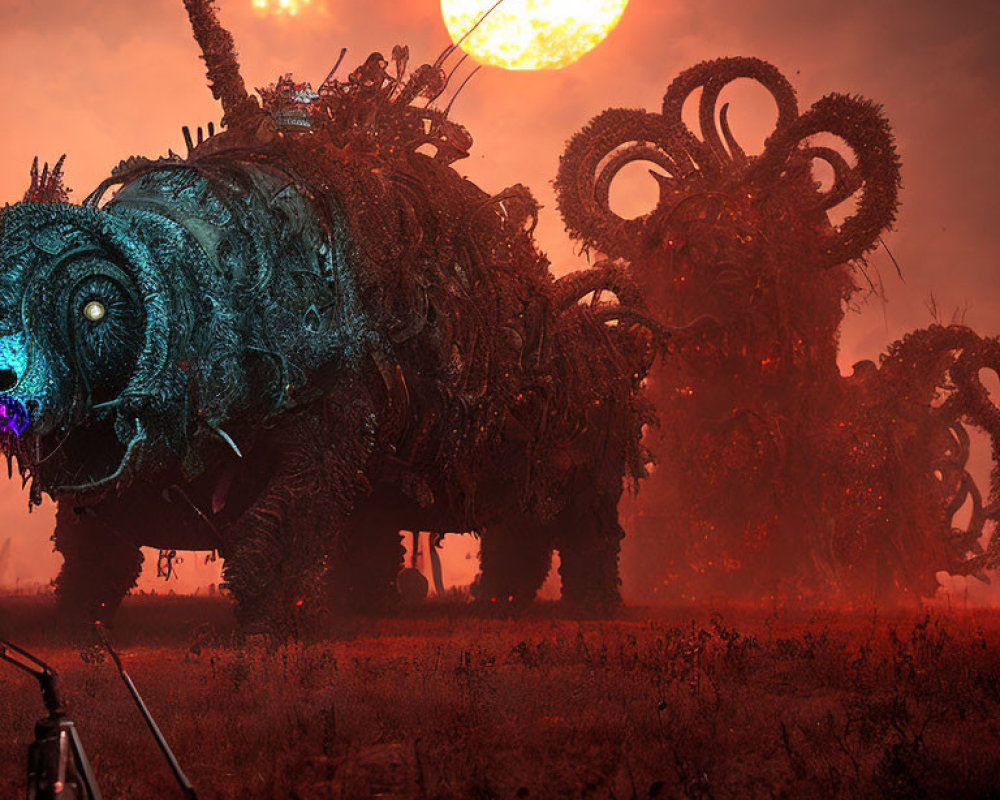 Giant armored creature in fantastical crimson sky scene