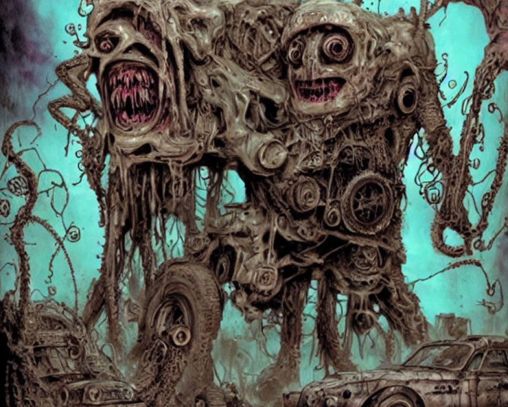 Mechanical monster in car-filled wasteland under gloomy sky