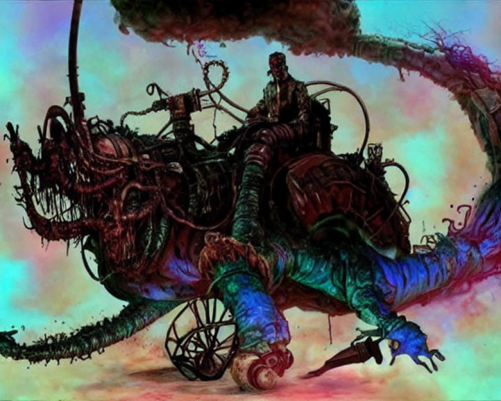 Surreal dark image: figure on organic tentacled chariot in pink nebula