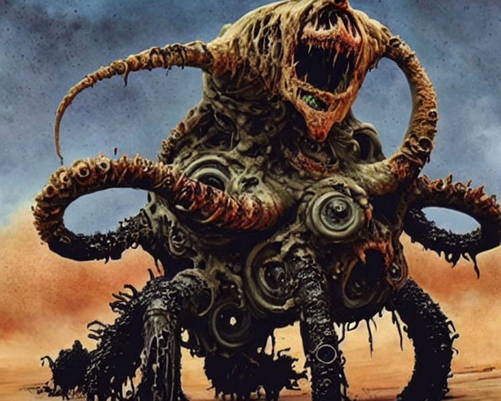 Monstrous creature with tentacles, teeth, and multiple eyes in desolate landscape