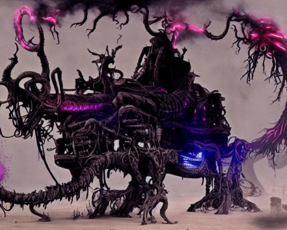 Intricate Dark Mechanical Structure with Purple Energy in Barren Landscape