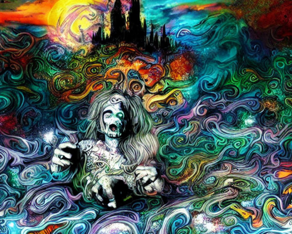 Colorful psychedelic art: Skeleton surrounded by swirling colors, dark castle, multicolored sky