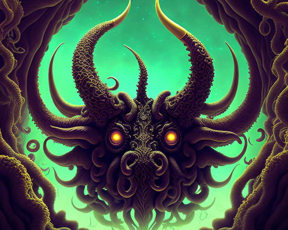 Symmetrical fantastical creature with horns and multiple eyes in green ambiance