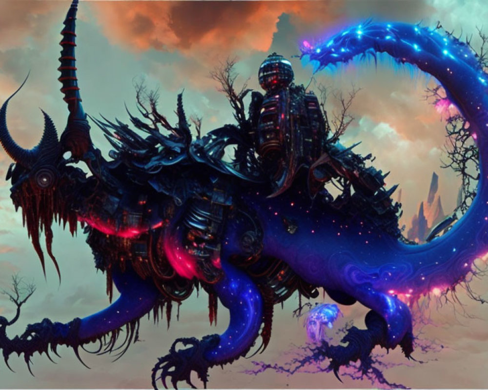 Fantastical creature with mechanical body and glowing blue tendrils in dramatic sky