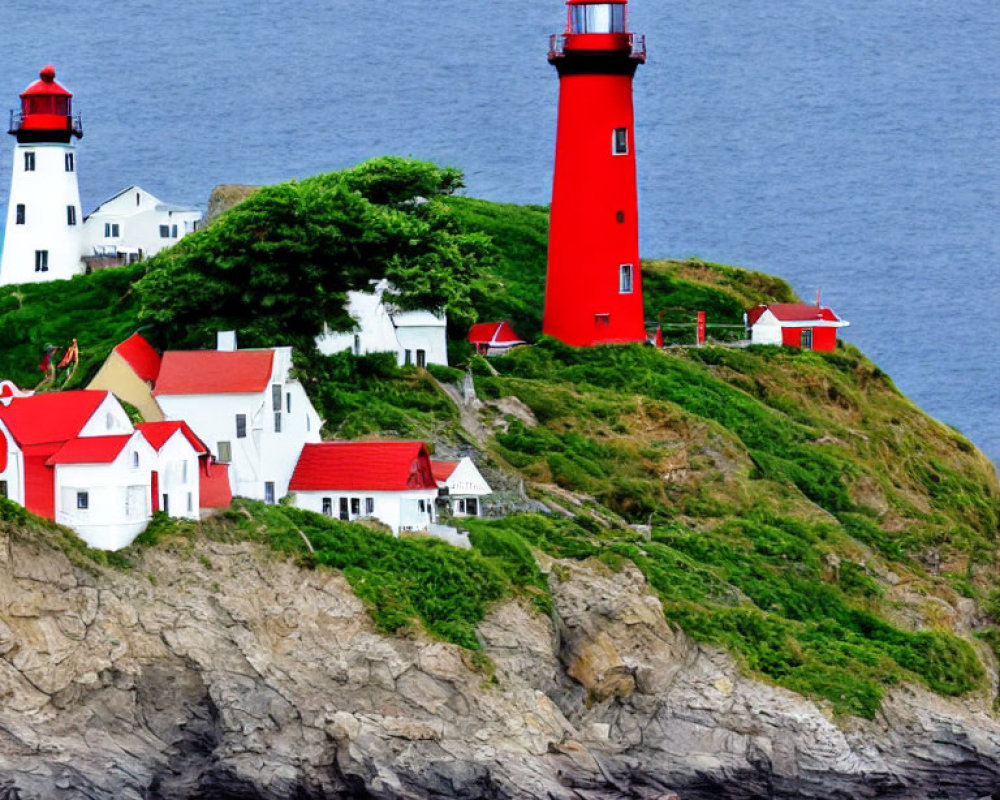 Red lighthouse on rocky cliff with greenery, white buildings, sapphire water, overcast skies