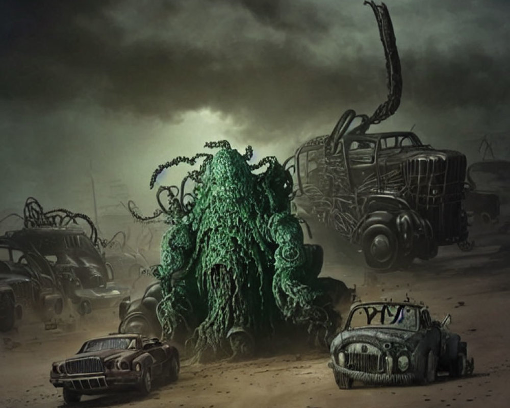 Monstrous green entity with tentacles in desolate junkyard under gloomy sky