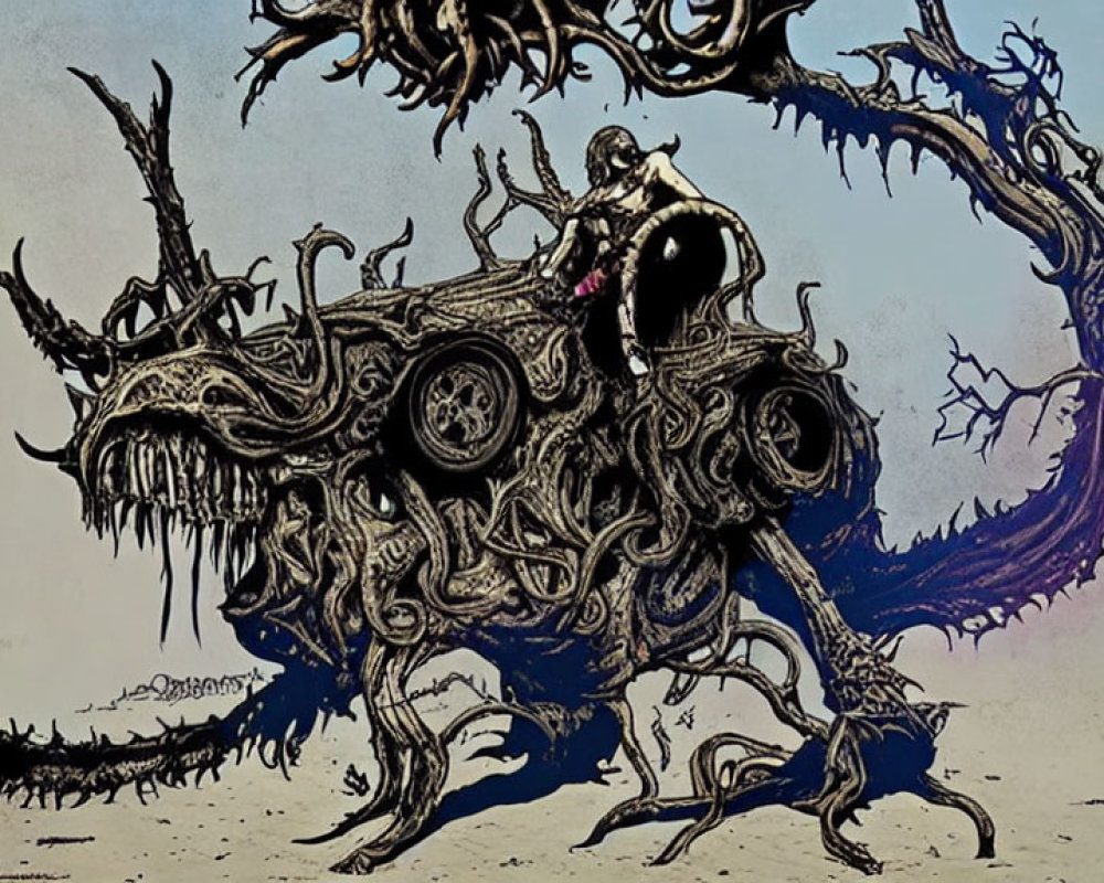 Dark surreal artwork featuring person on twisted thorn-covered vehicle