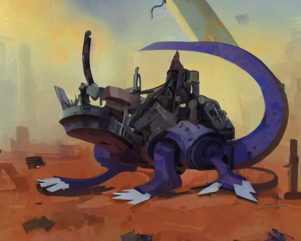 Stylized illustration of large mechanical octopus in dystopian landscape