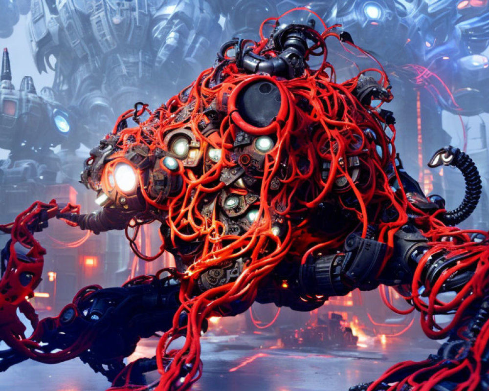 Futuristic robotic entity with red cables and multiple lenses in misty industrial setting