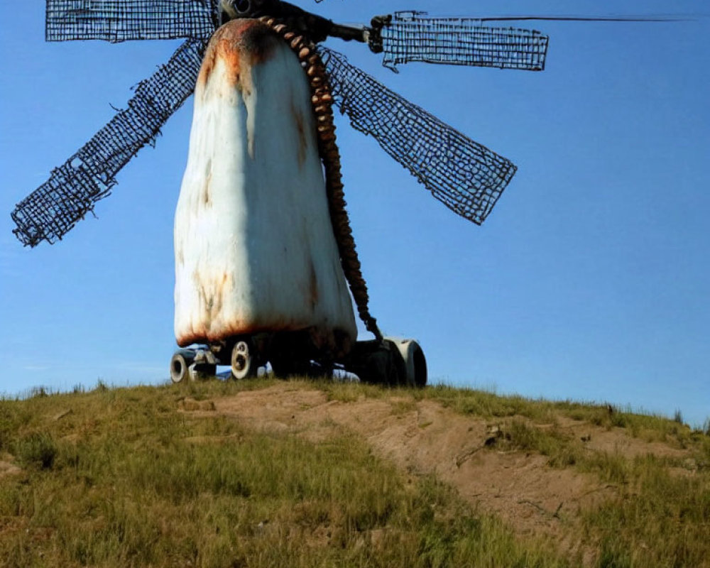 Rusty spaceship-like structure on grassy hill under clear blue sky