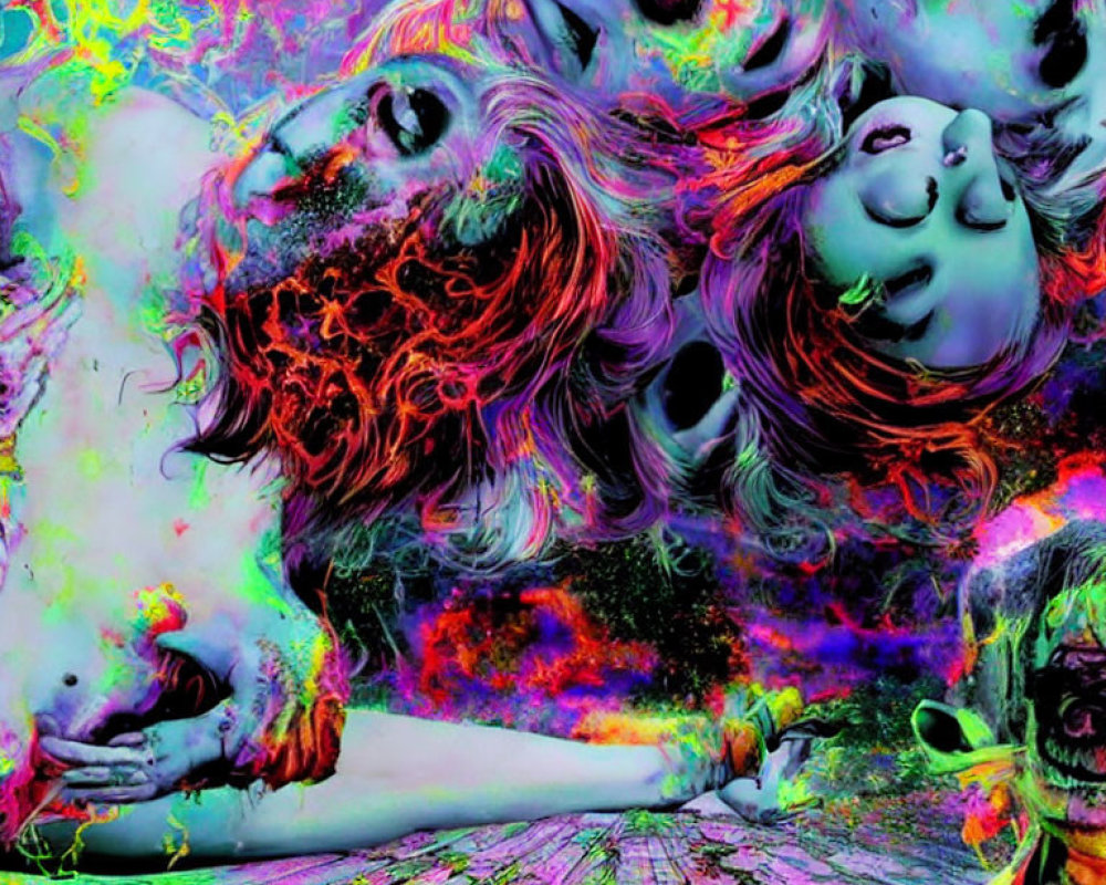 Colorful Psychedelic Artwork with Distorted Faces and Abstract Patterns