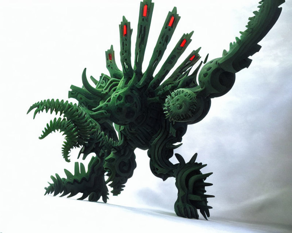 Stylized green mechanical creature sculpture with intricate gears on white background