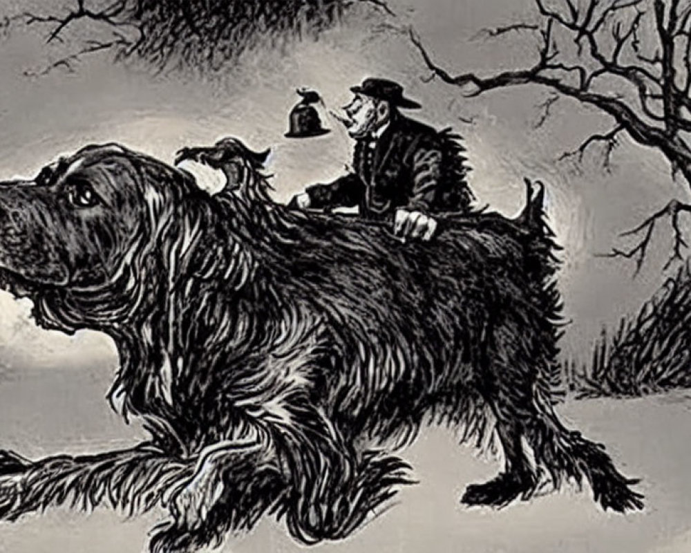 Monochromatic illustration of large dog carrying tiny figures in old-fashioned attire