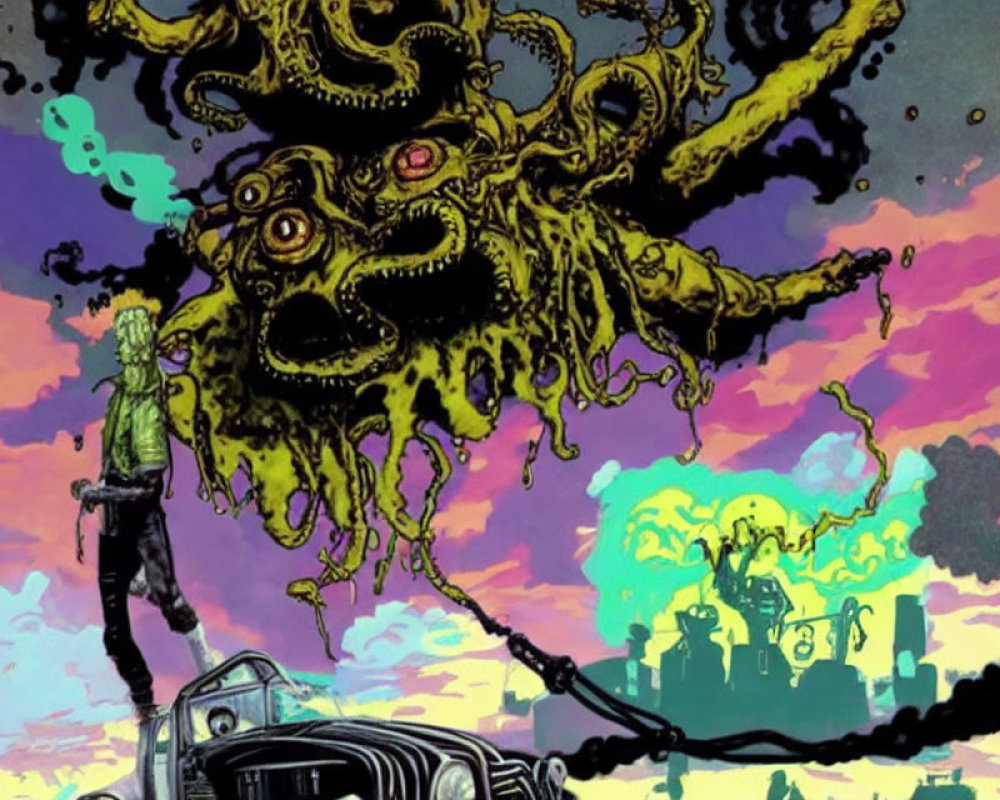 Person faces tentacled creature under purple sky with cityscape and classic car.