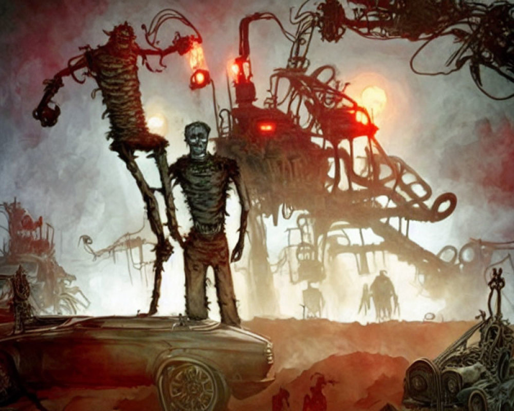 Mummified figure in dystopian landscape with twisted machines