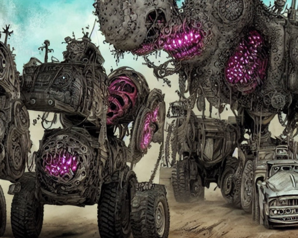 Illustrated scene of bizarre organic vehicles with glowing pink cavities on barren landscape