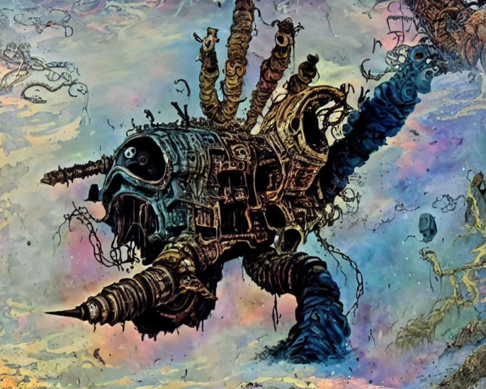 Intricate surreal painting of mechanical creature with textured details