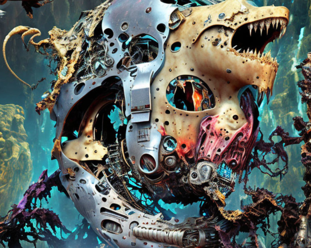 Detailed surreal mechanical skull in underwater scene with vibrant coral structures