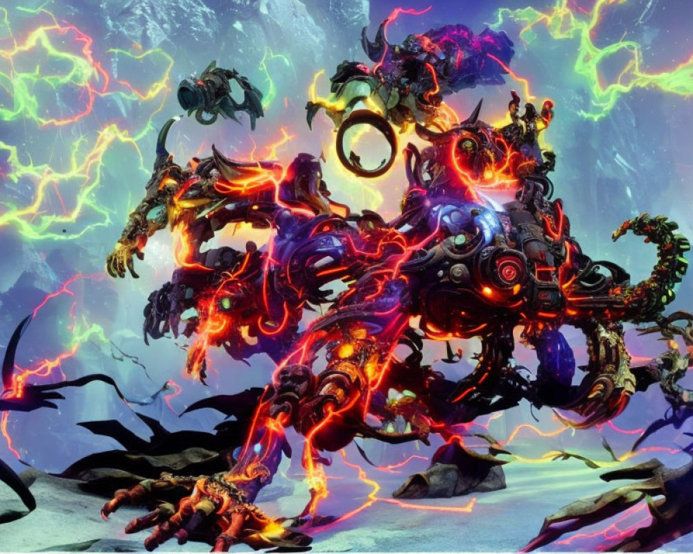 Mechanical creature with fiery veins amidst electric currents and cosmic backdrop