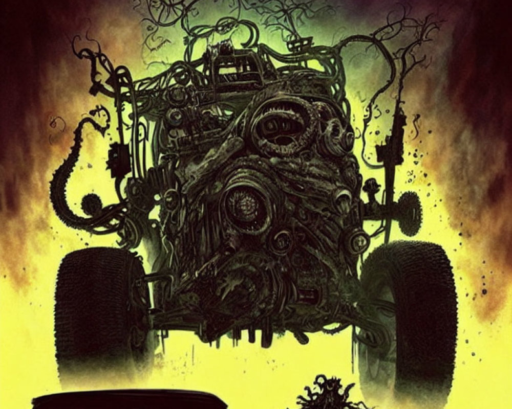 Dark surreal illustration of menacing machine with wheels, pipes, and smoke against yellow backdrop