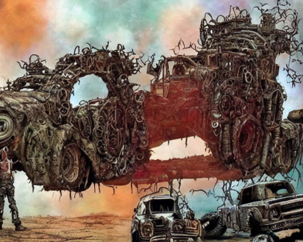 Intricately designed vehicle with person in dystopian setting