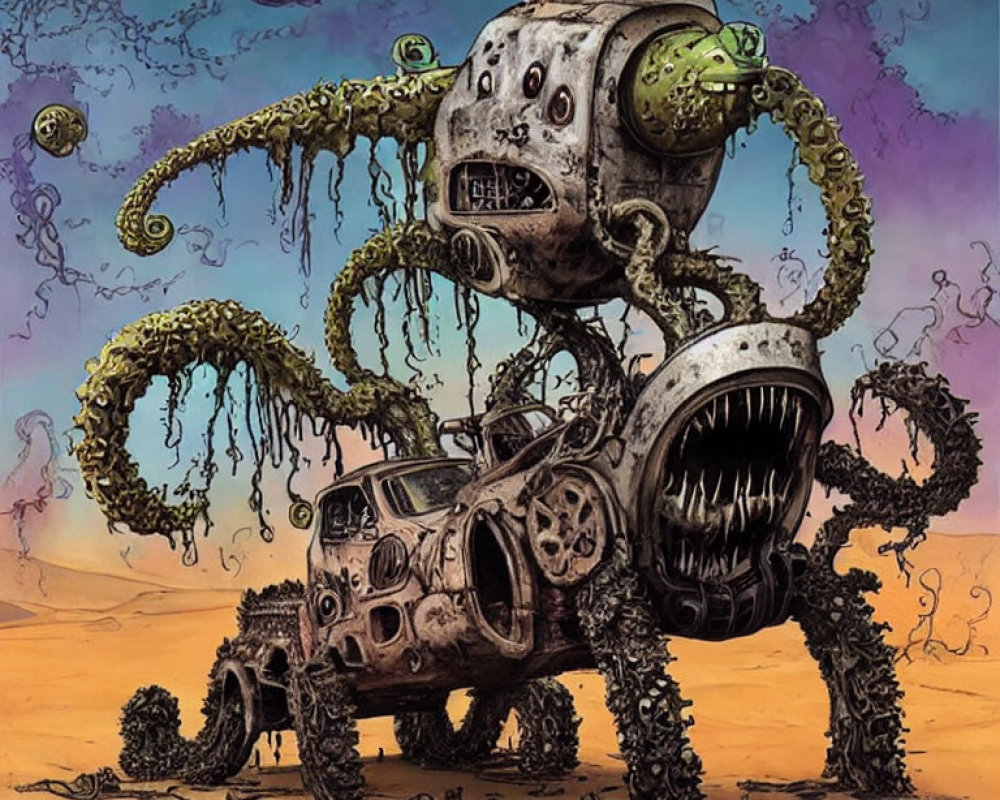 Robotic creature with tentacle arms and stacked heads in surreal desert