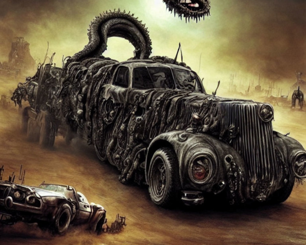 Dystopian scene with monstrous car, tentacles, armed figures, desolate landscape, and sinister