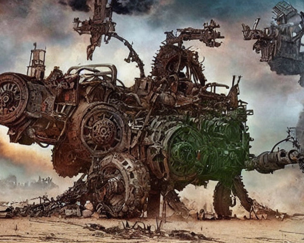 Dystopian landscape with towering robot-like structures in war-torn setting