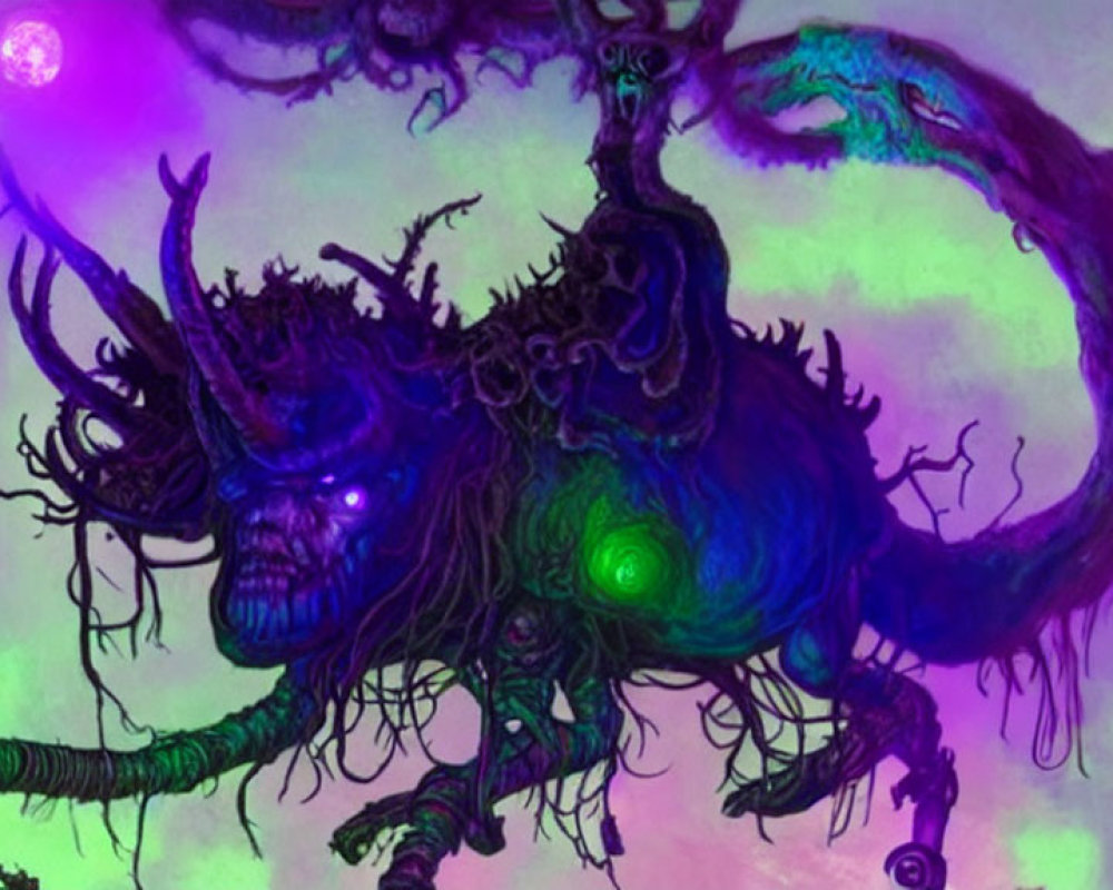 Digital artwork: Mythical creature with glowing eyes, twisted horns, entangled roots, and mystical aura