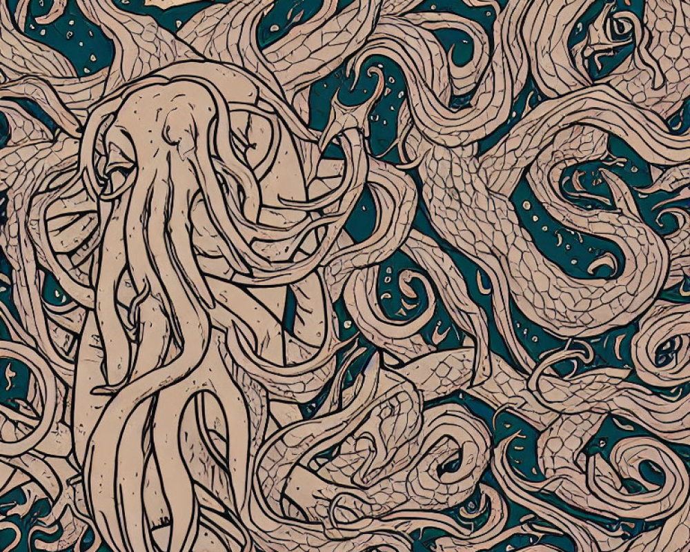 Detailed octopus and serpentine shapes on teal background with golden accents