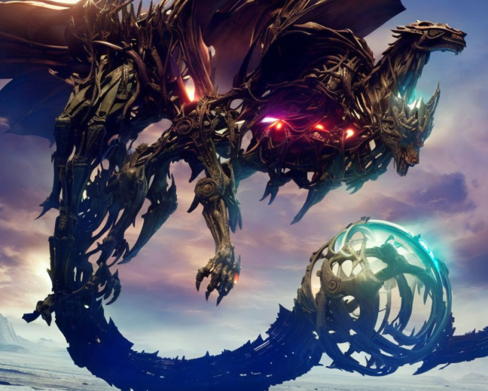 Majestic mechanical dragon with glowing red eyes and futuristic landscape