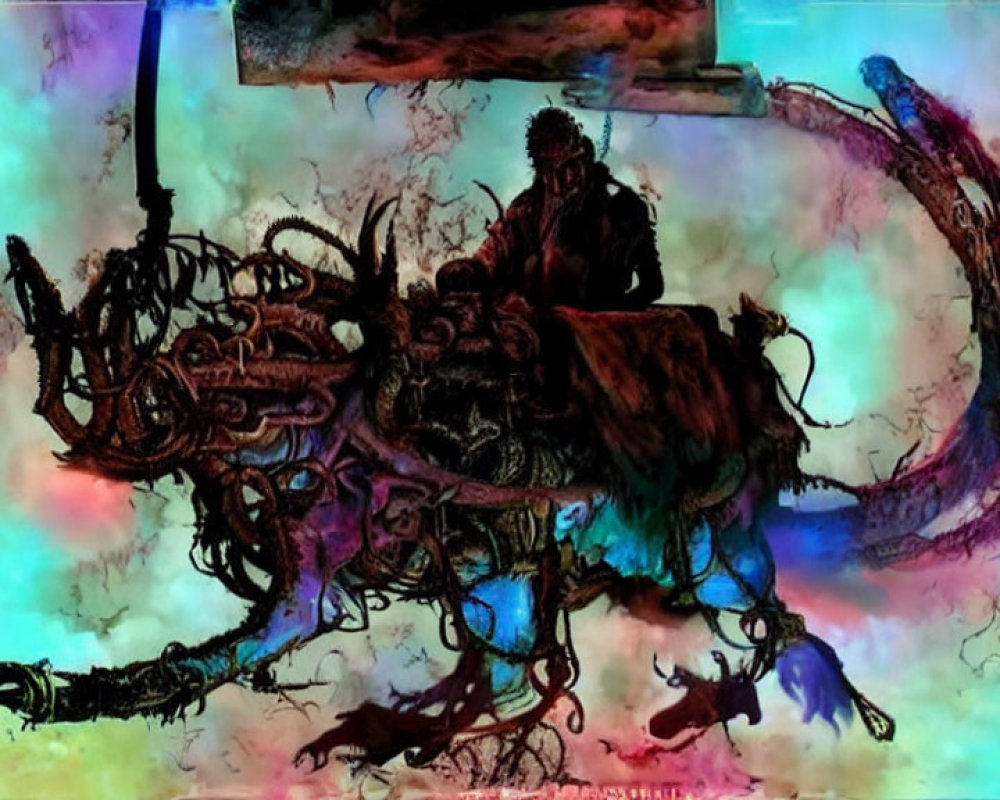 Abstract surreal art: shadowy figure on monstrous form in multicolored background