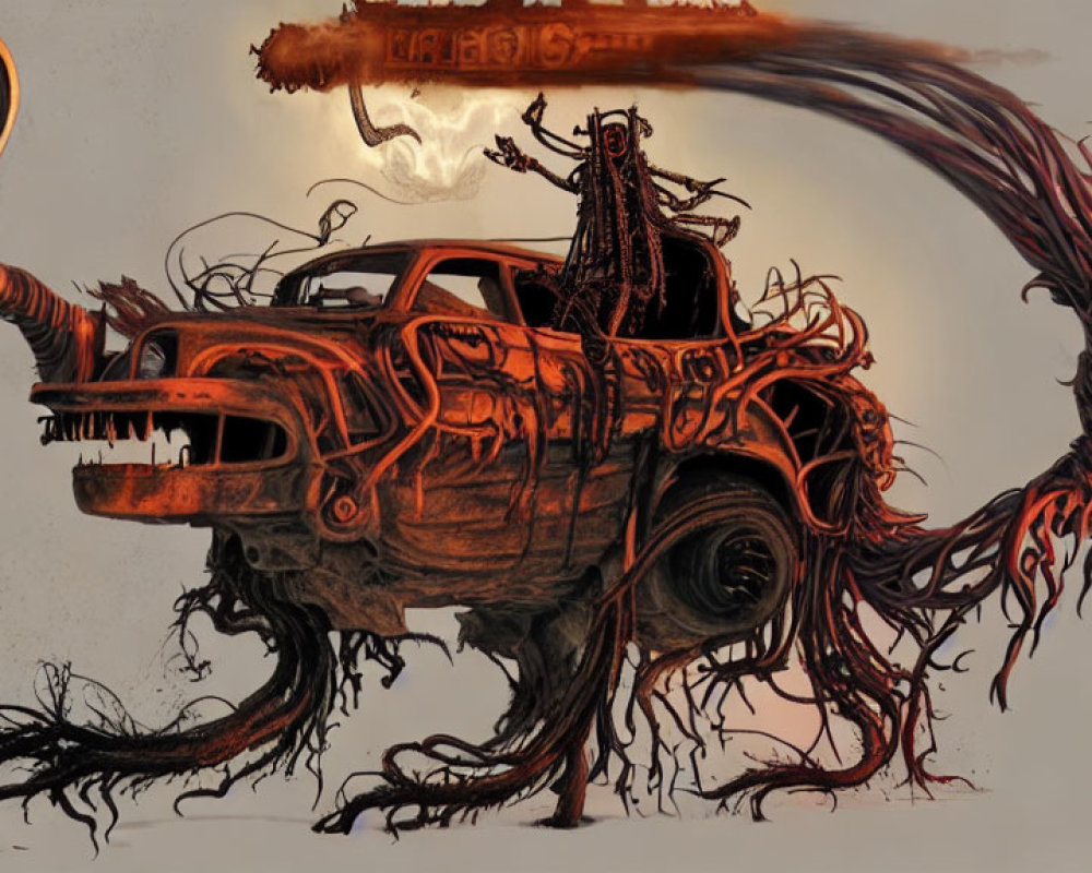 Fantasy illustration of monstrous vehicle with tentacles and dark figure in murky background