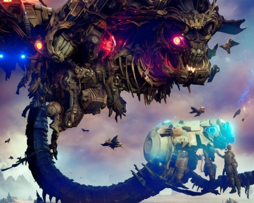 Gigantic mechanical dragon with red eyes in futuristic scene