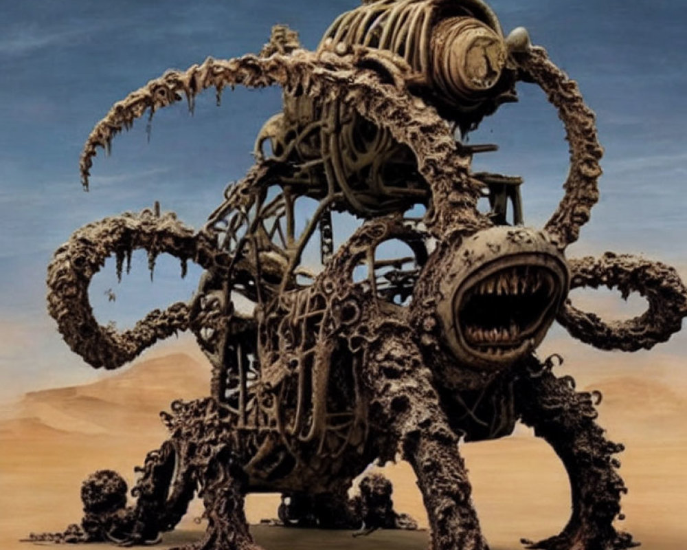 Mechanical creature with tentacles and sharp teeth in desert setting