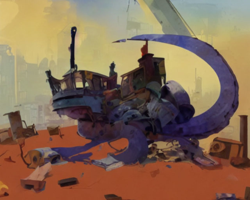 Derelict robot tail in dystopian cityscape with scattered debris.