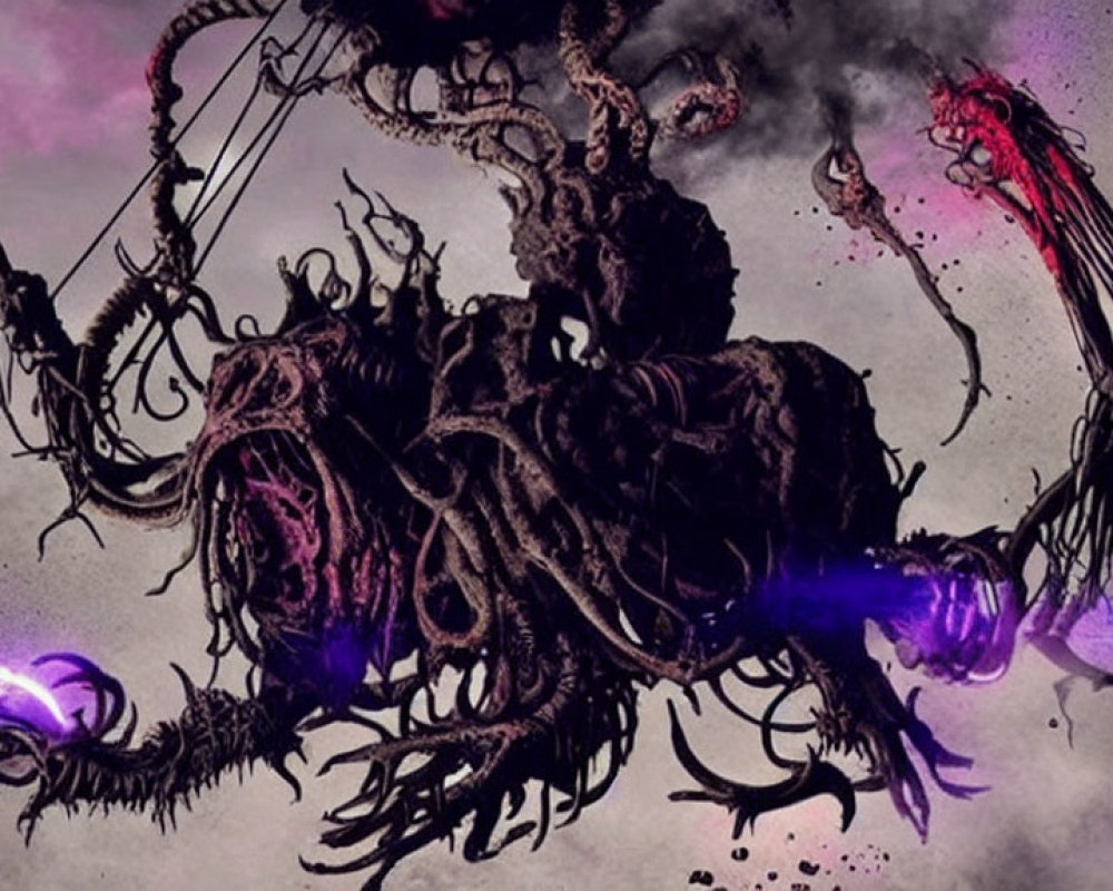 Surreal dark creature with glowing tentacles on violet backdrop