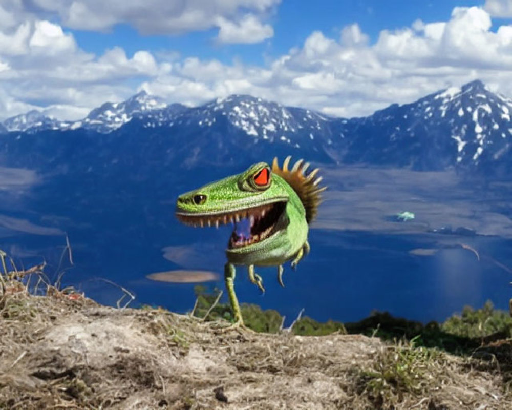 Toy dinosaurs outdoors with mountain backdrop and roaring green dinosaur.