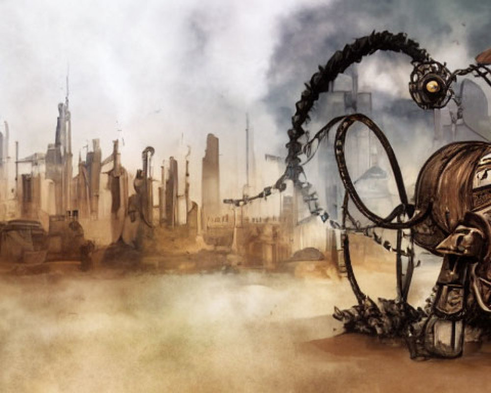 Steampunk-themed panoramic illustration with characters, robot, and cityscape