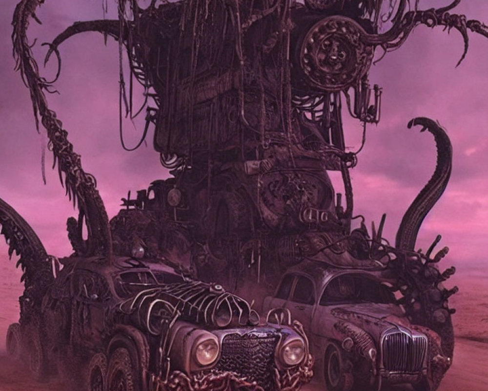 Surreal dystopian scene with large mechanical structure and tentacle-like vehicles under purple sky