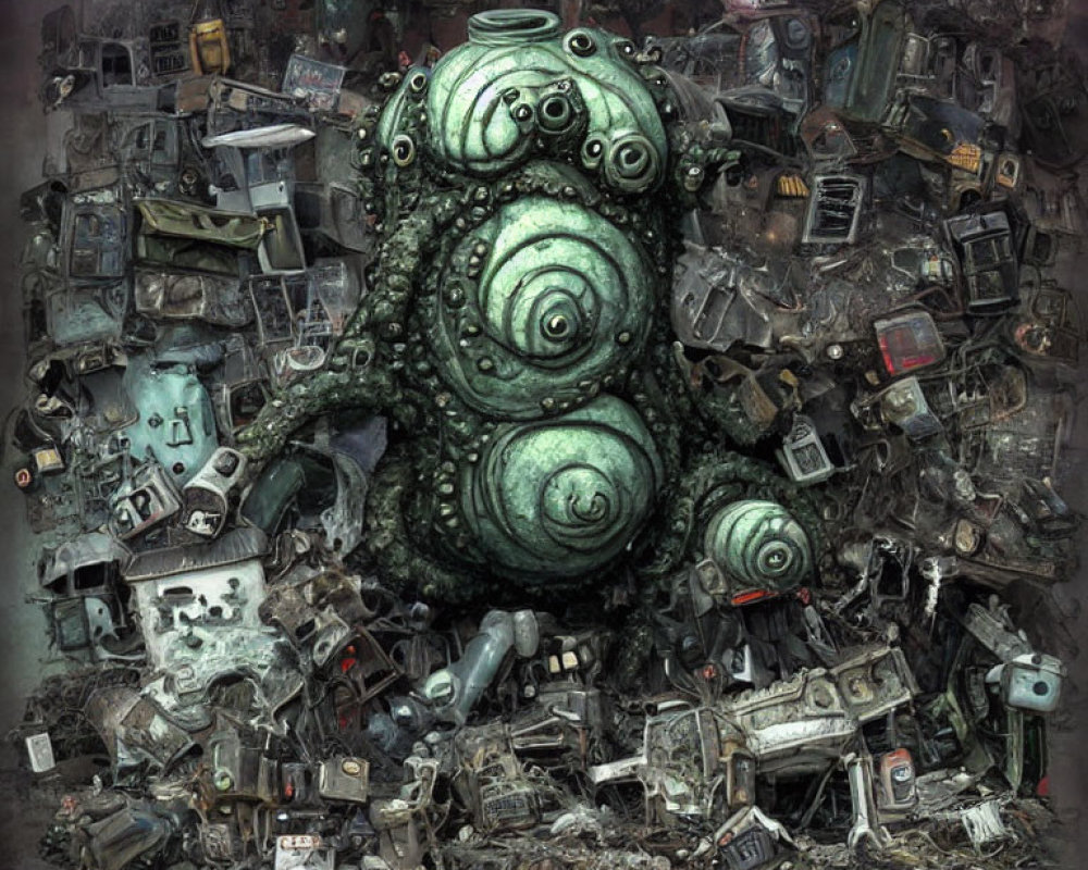 Green tentacled creature amidst electronic waste piles