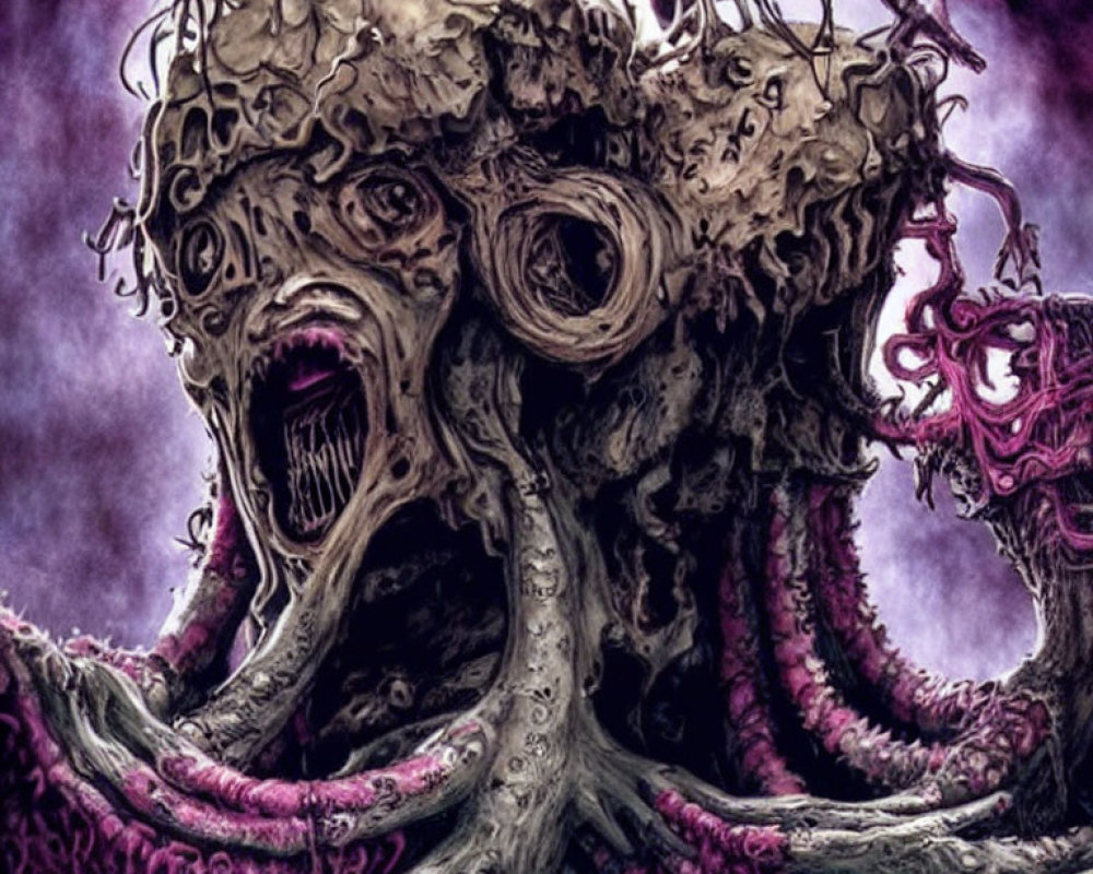 Monstrous creature with screaming faces and tentacles under purple sky