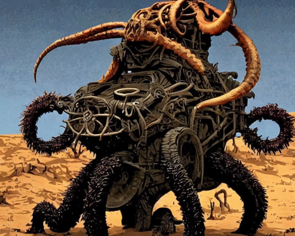 Mechanical creature with coiled tentacles in desert landscape