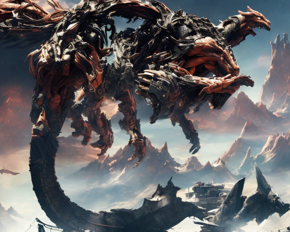 Giant mechanized dragon in rocky landscape with futuristic ship