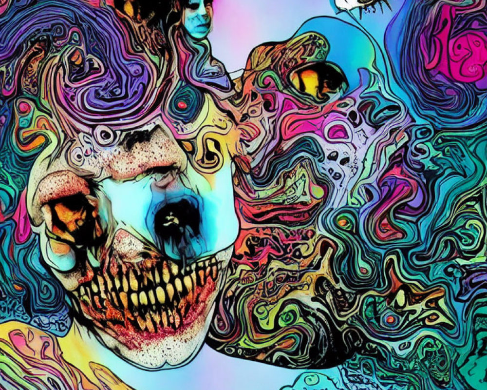 Colorful Psychedelic Artwork with Skull, Swirling Patterns, and Abstract Shapes